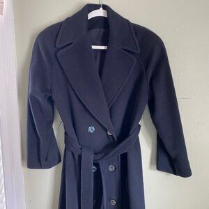 Wool winter coat, long, lined, belted.  Navy